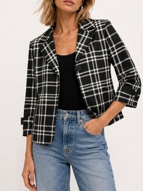 Talbots Black White Plaid Blazer Jacket Size 6 3/4 Sleeve Preppy